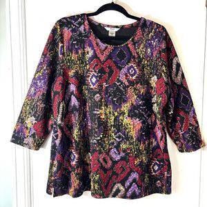 ALIA 1X abstract red purple black multi w gold metallic touches tunic